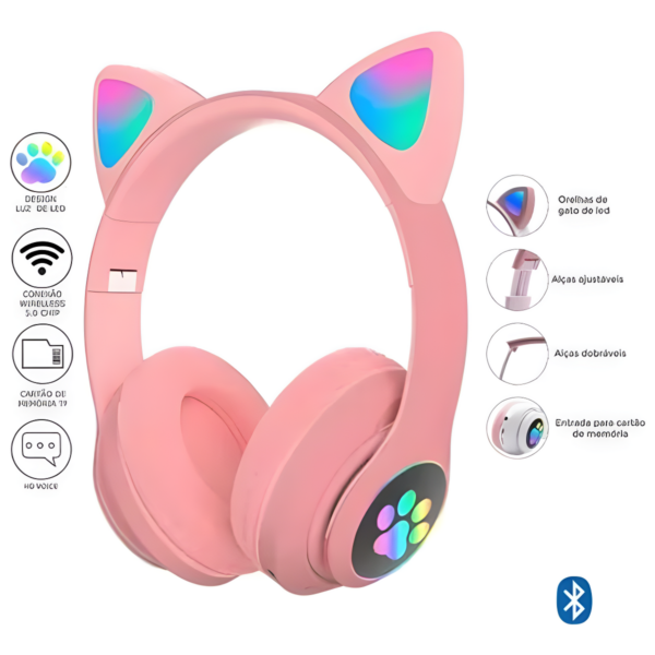 Fone Bluetooth Orelha De Gato Led Colorido (ROSA) - Image 3