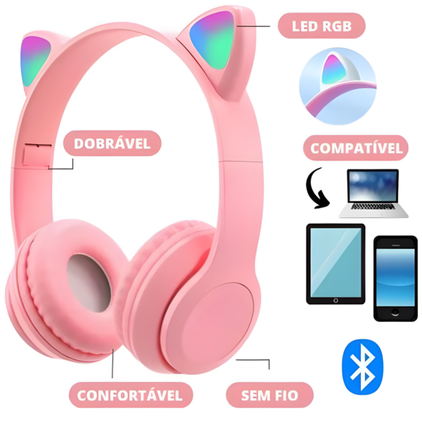 Fone Bluetooth Orelha De Gato Led Colorido (ROSA) - Image 4