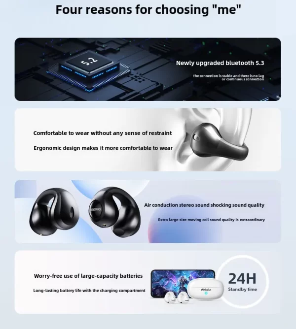 Lenovo XT83 II Ear Clip TWS Wireless Headphones Bluetooth 5.2 Earphones Touch Control HD Call Earbuds Sports Headset with Mic - Image 8